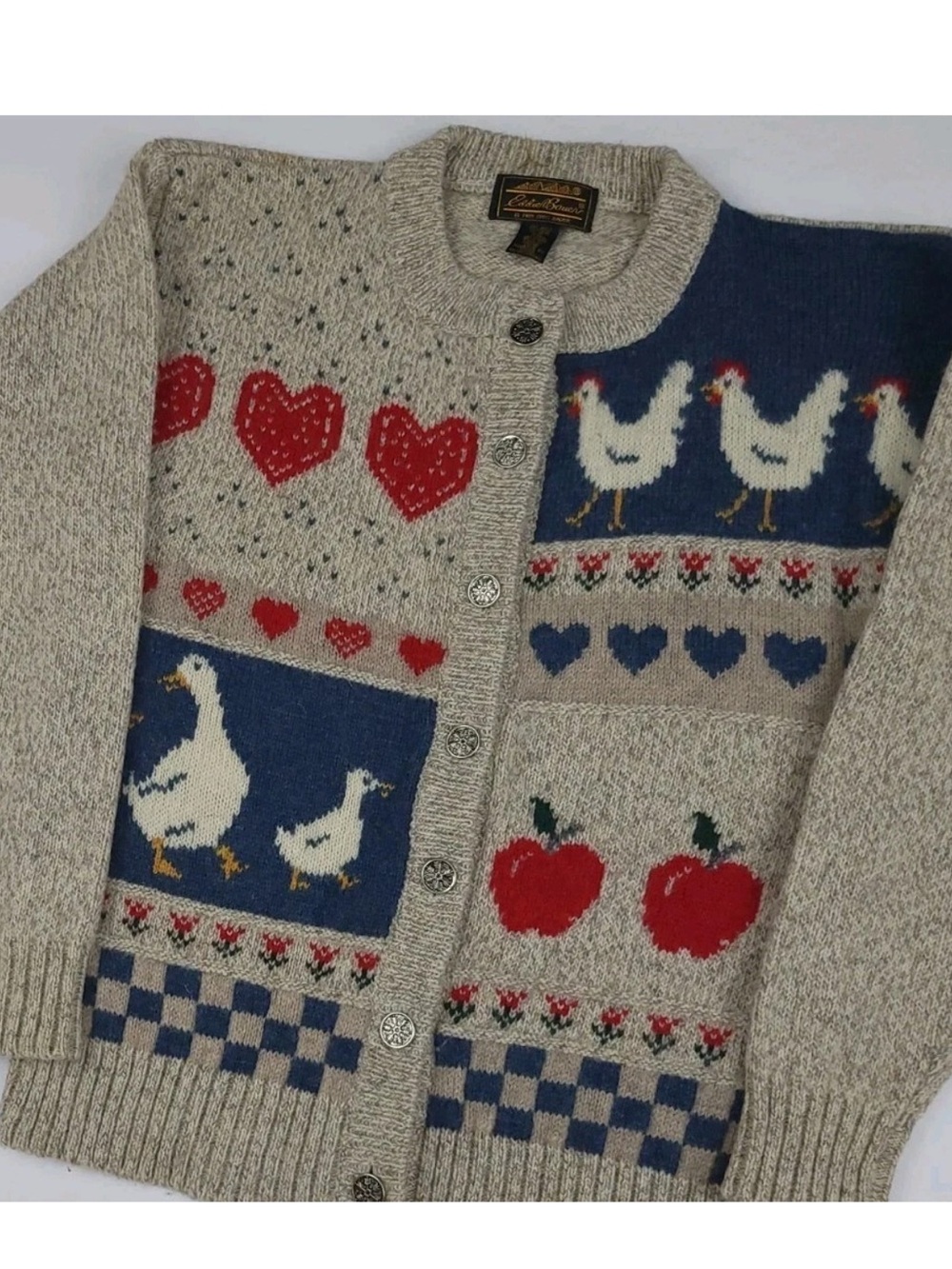 Vintage 80s 1989 Eddie Bauer Country Pattern Knit Cardigan Sweater Wool Rare USA - Picture 2 of 7